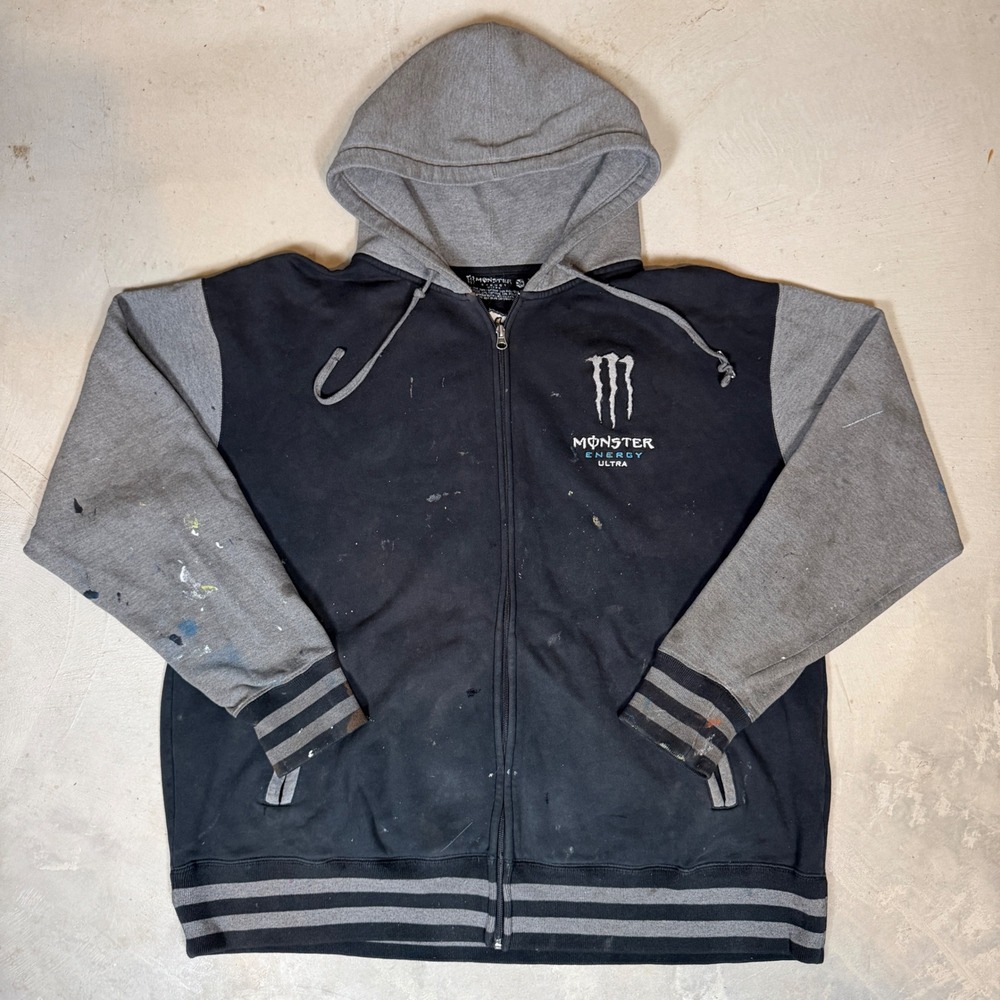 Monster Energy Ultra Zip Up Hoodie Mens XXL Black Grey Embroidered Sweatshirt